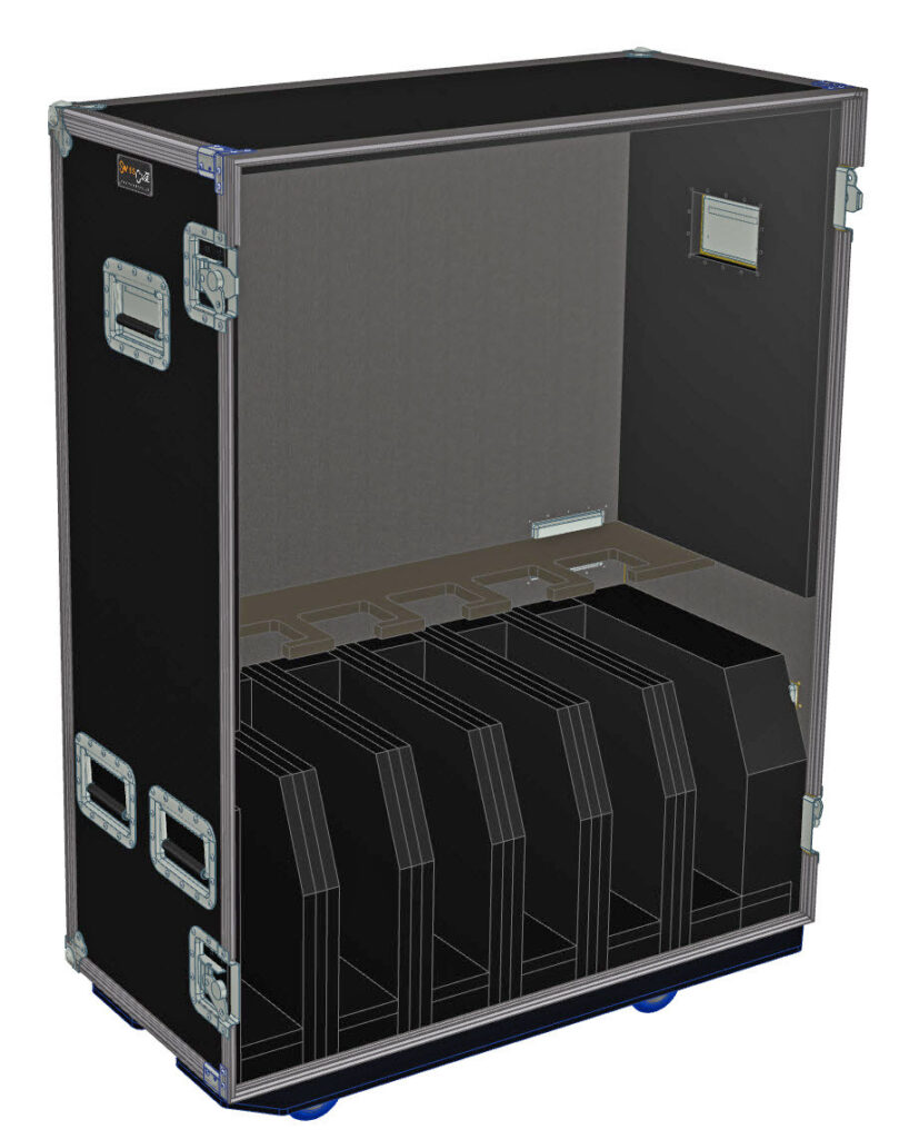 Geöffnetes Flightcase mit sechs Einzelfächern für Gitarren