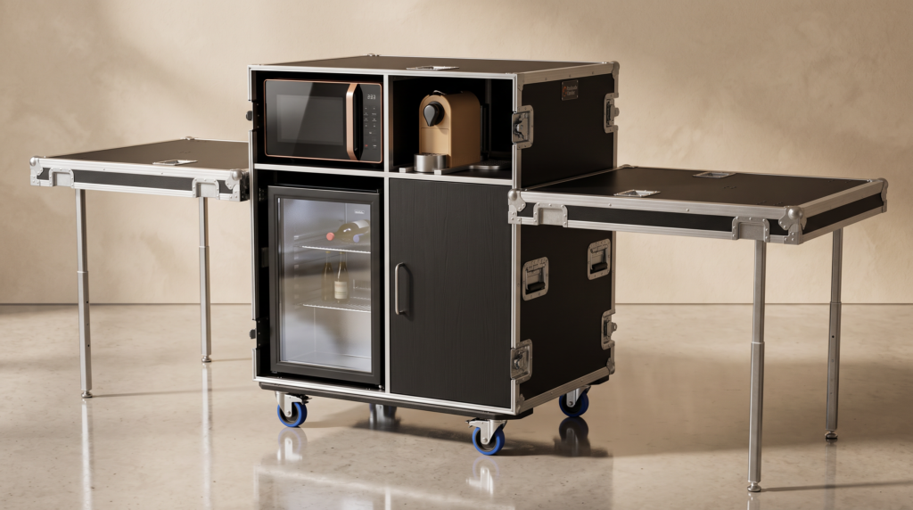 Catering-Case mit Mikrowelle, Kaffeemaschine, Kühlschrank und ausklappbaren Arbeitsflächen